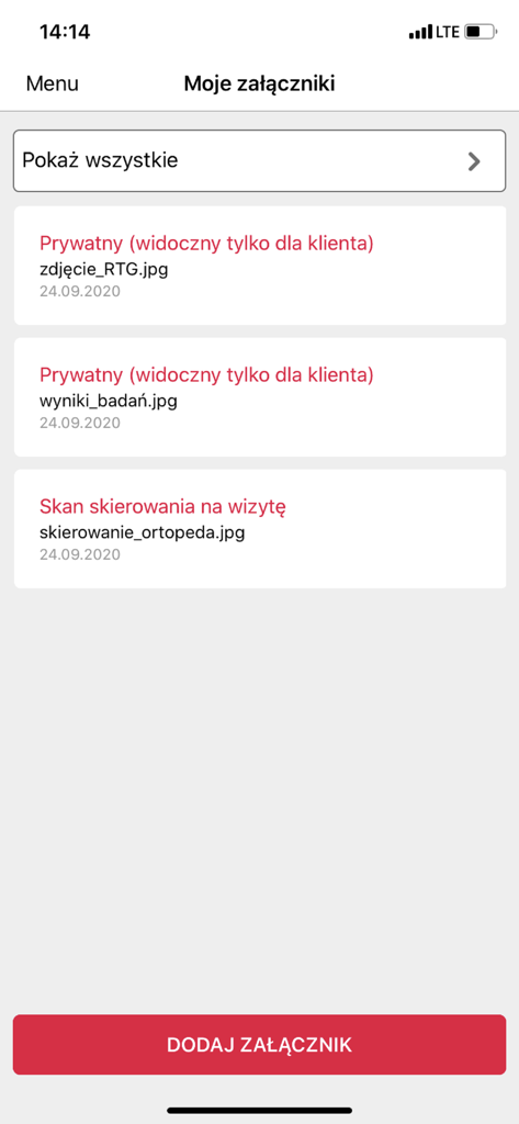 SALTUS Zdrowie mobile app screen showing a list of uploaded medical documents and an add attachment button