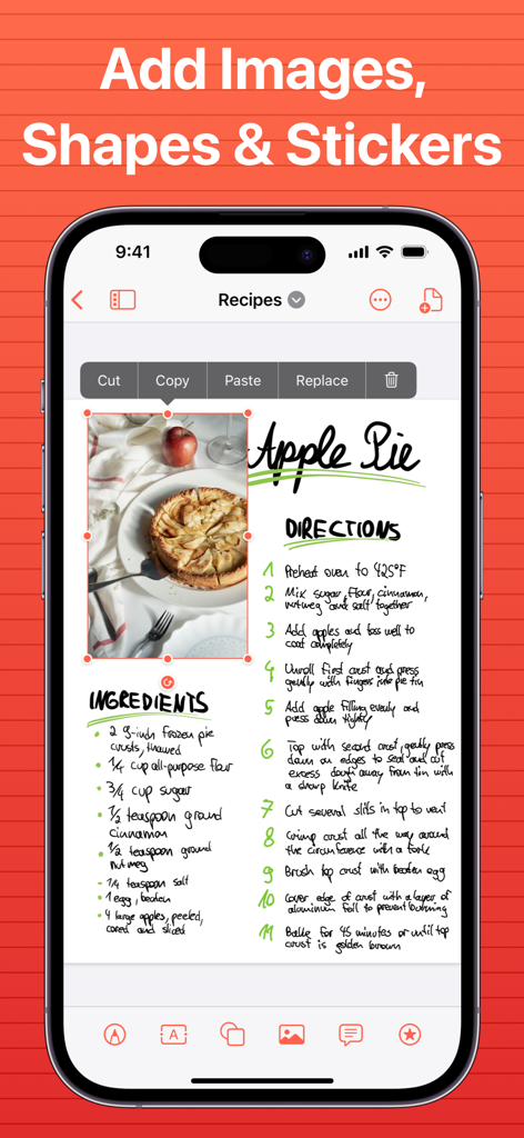 SuperNotes Note Taking App - An aesthetic digital note on iPhone showing a handwritten apple pie recipe with an inserted food photo