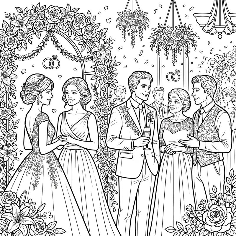 Immerse yourself in the joy of a romantic wedding celebration with this beautiful coloring page. Featuring elegant honored guests and intricate floral details, it's perfect for a relaxing creative escape.