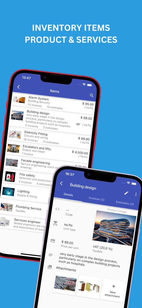 Interface of Invoice Simple app displaying inventory items products and services with pricing