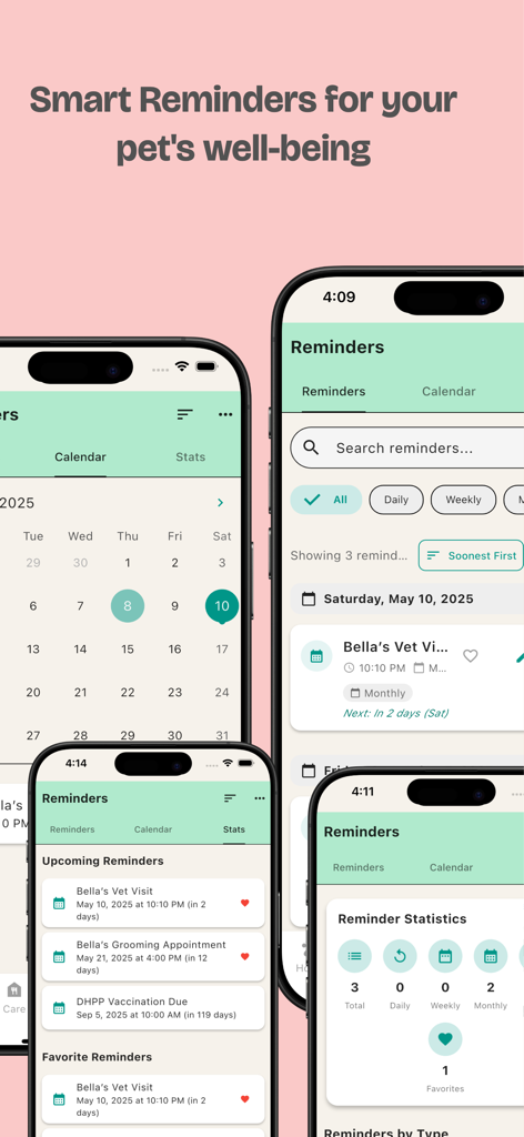 PetBuddy: Pet Care Companion - Interfaz de la aplicación PetBuddy que muestra recordatorios de cuidado de mascotas y calendario