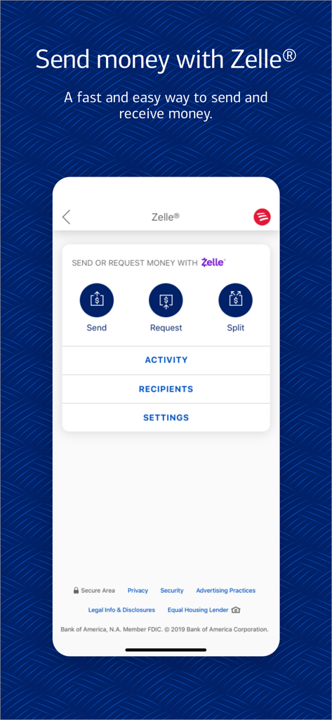 Bank of America mobile app screen showing Zelle options to send request or split money