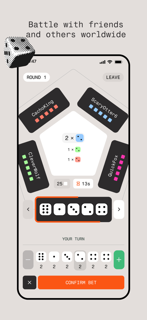 Cacho - Uma partida multiplayer no aplicativo Cacho mostrando rolagens de dados e opções de apostas em um jogo competitivo de Dados do Mentiroso.