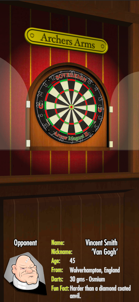 Bulls i Darts Masters Edition gameplay screen showing opponent Vincent Smith and a dartboard at Archers Arms