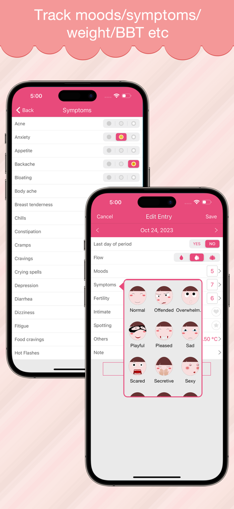 Period Log Pro - Mobile interface of Period Log Pro showing mood icons and symptom tracking list