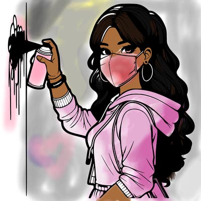 realistic girl with mask spray painting a wall