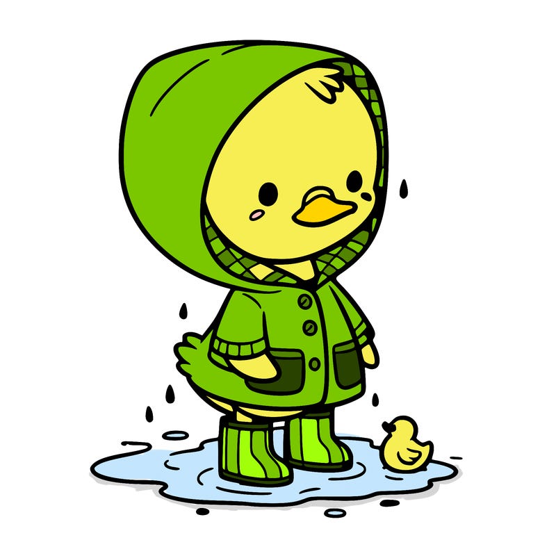 baby duck in a rain coat and boots, in a puddle while it’s raining