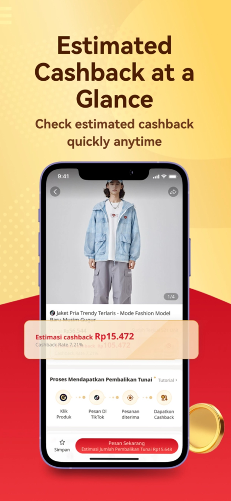 Genco - Smartphone screen of the Genco app showing estimated cashback for a fashion product and the step-by-step process to earn rewards from TikTok Shop.