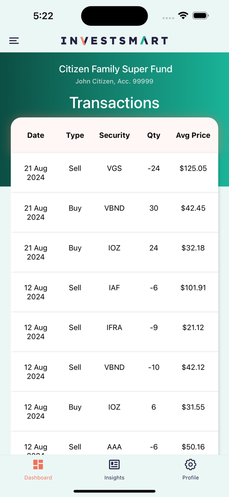 InvestSMART - InvestSMART app transaction history screen showing ASX stock trades