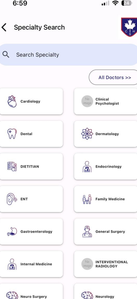 Interface do aplicativo móvel mostrando pesquisa de especialidade médica com categorias como cardiologia, odontologia e dermatologia