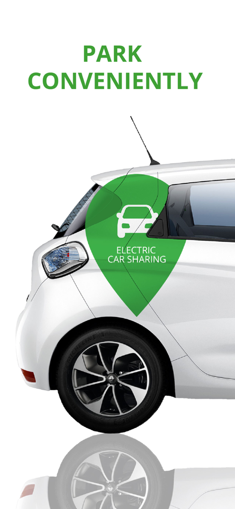 Un coche urbano eléctrico blanco con un pin de ubicación verde y el texto APARCA CÓMODAMENTE.