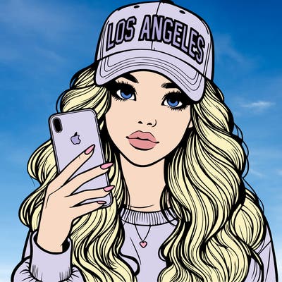 realistic beautiful girl wearing los ángeles cap holding an iphone