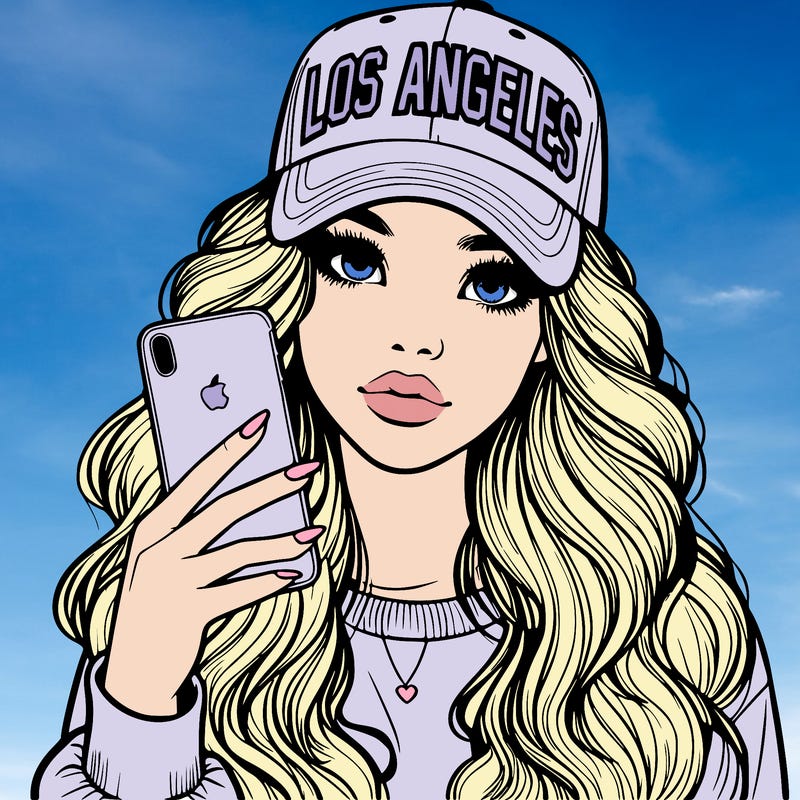 realistic beautiful girl wearing los ángeles cap holding an iphone