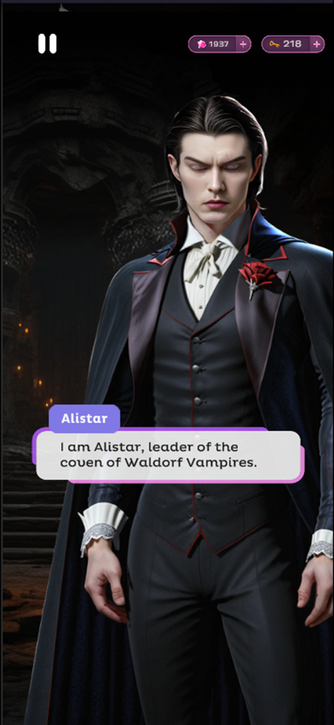 A pale male character named Alistar dressed as a vampire leader in the Lush interactive stories app