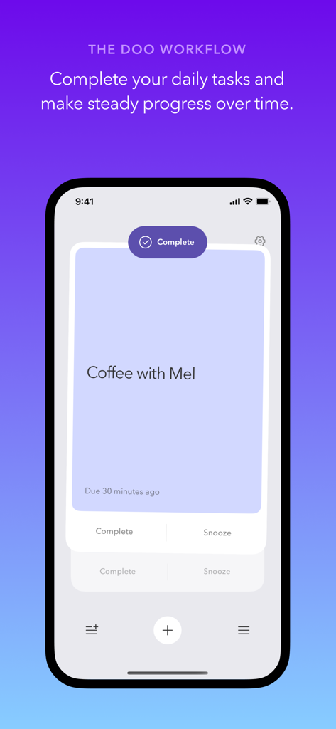 Doo app interface on an iPhone displaying a single task card for coffee with Mel with a complete button