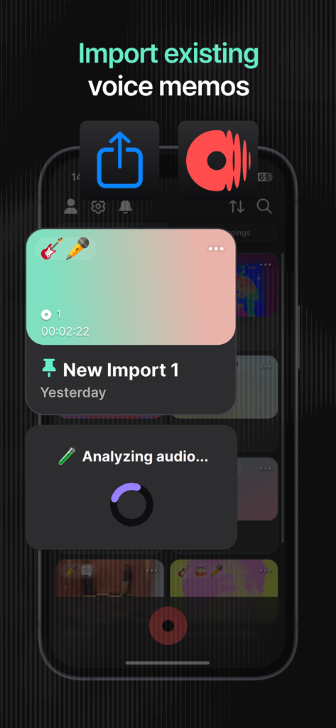 Dubnote: Where Songs Start - Interfaccia dell'app Dubnote che mostra il processo di importazione di note vocali esistenti e analisi audio automatizzata.