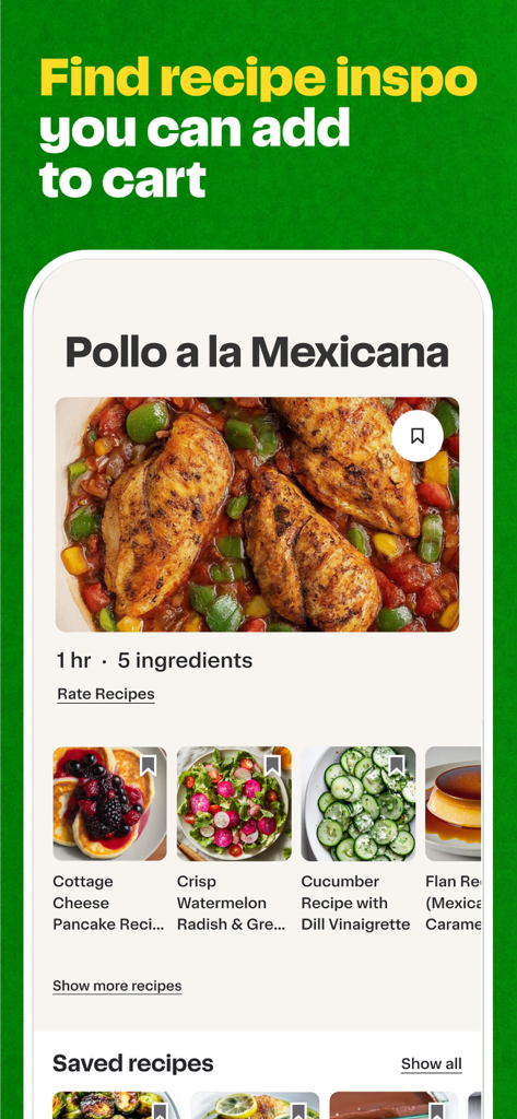 Instacart: Groceries & Food - Instacart app screen showing recipe ideas like Pollo a la Mexicana with an option to add ingredients to the cart.