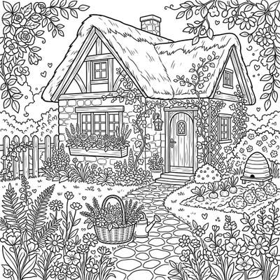 Immerse yourself in the idyllic charm of this cottagecore garden scene, featuring a picturesque cottage surrounded by nature's beauty. This detailed coloring page invites you to explore rustic elegance and peaceful pastoral life with every stroke.