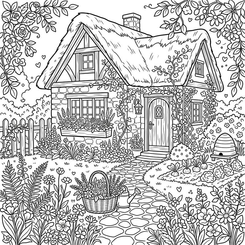 Immerse yourself in the idyllic charm of this cottagecore garden scene, featuring a picturesque cottage surrounded by nature's beauty. This detailed coloring page invites you to explore rustic elegance and peaceful pastoral life with every stroke.