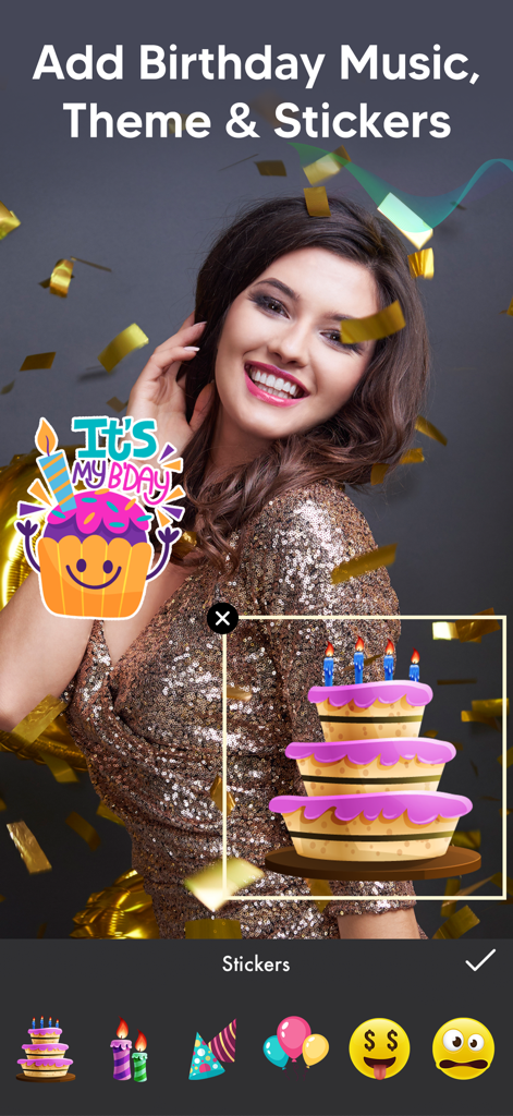 Photo Video Maker - With Song - Adding birthday stickers and themes to a photo in the video maker app