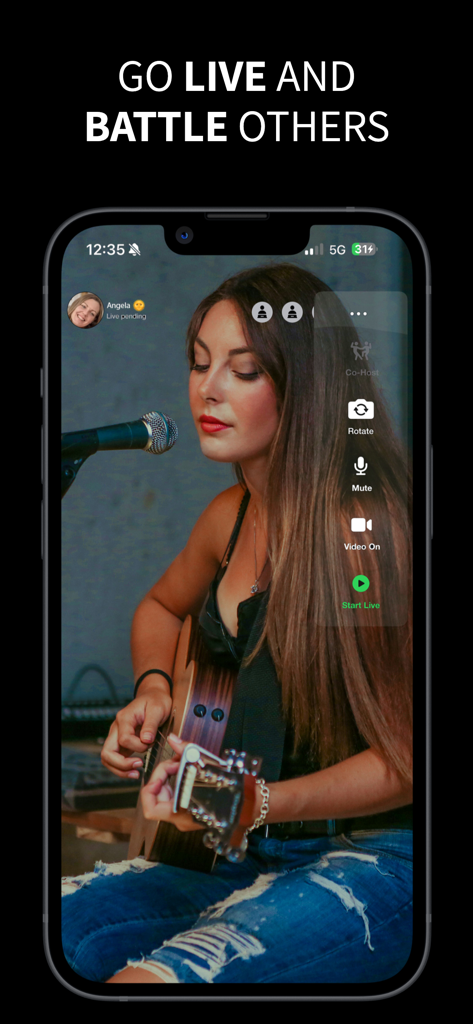 Reinbow - Écran mobile montrant l'interface de diffusion en direct de l'application Reinbow avec une femme jouant de la guitare et un bouton de démarrage en direct