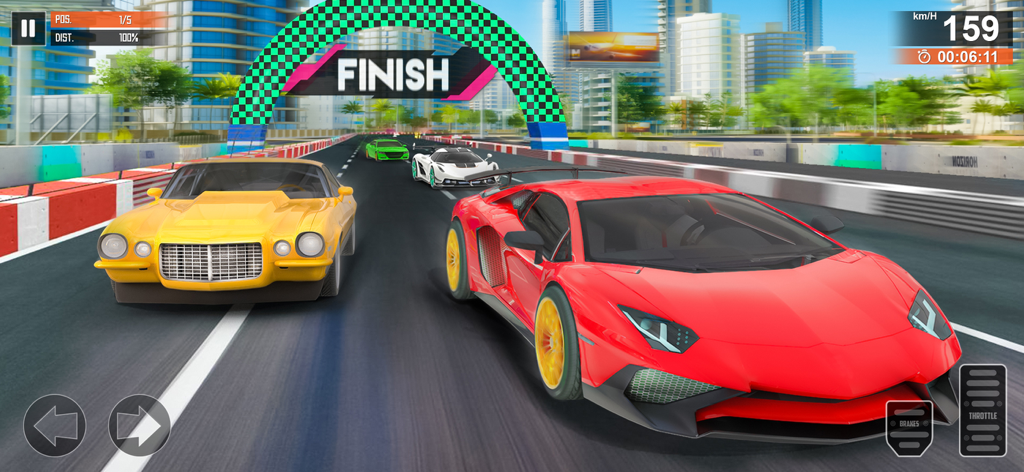 Drag Racing Driving Car Games - A red supercar and a yellow muscle car racing towards a finish line arch in a 3D city environment.