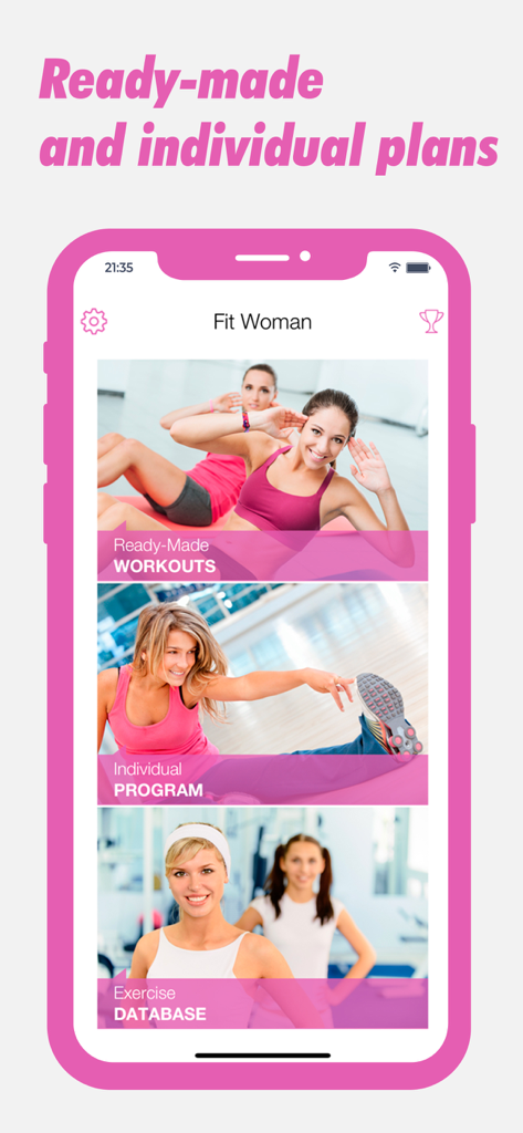 Interface do aplicativo Fit Woman mostrando treinos prontos e opções de programas individuais