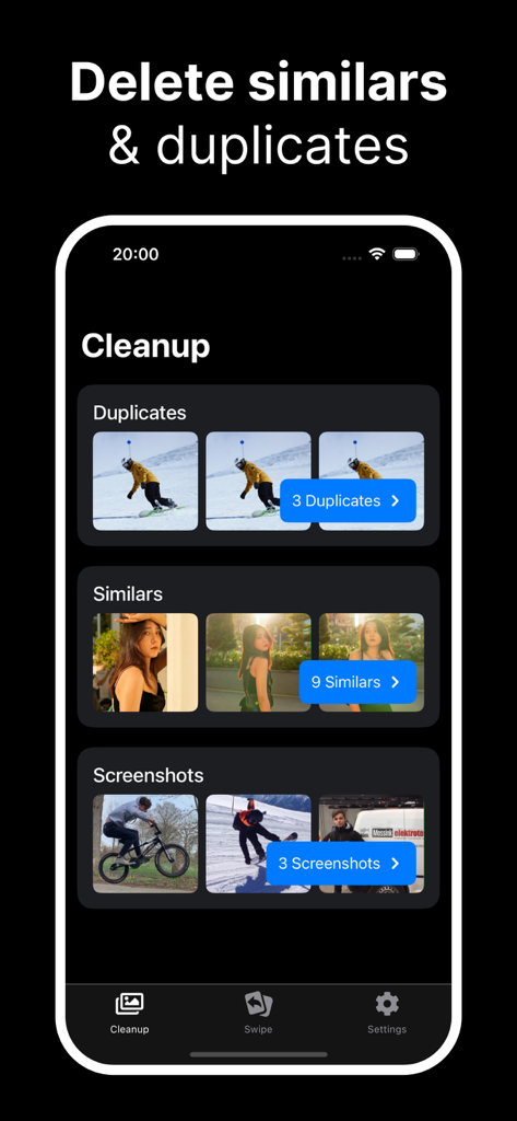 Photo Cleaner app showing sections for duplicates similars and screenshots for digital decluttering