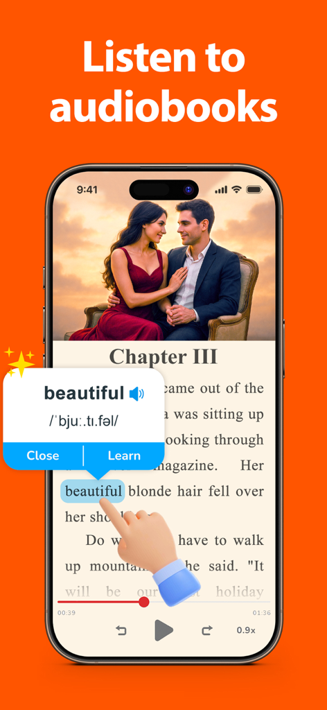 Schermata dell'iPhone che mostra l'interfaccia dell'audiolibro dell'app ENGO con un popup per la pronuncia e l'apprendimento delle parole.