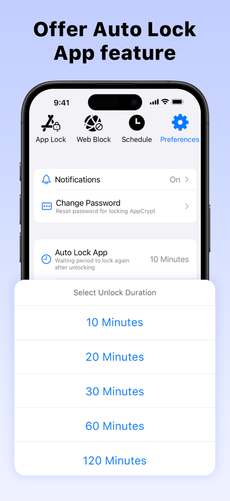 AppCrypt interface showing auto lock app duration selection menu