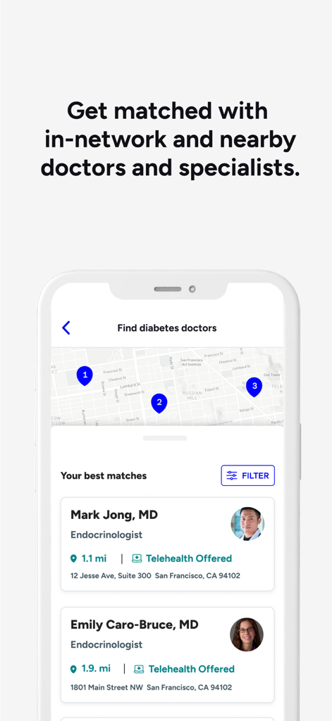 Included Health app screen showing search results for nearby in-network specialists and doctors on a map