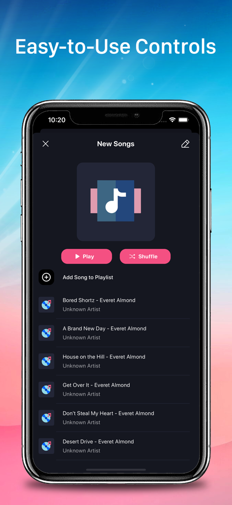 Music playlist screen showing song list with play and shuffle buttons in the Volume Booster app interface