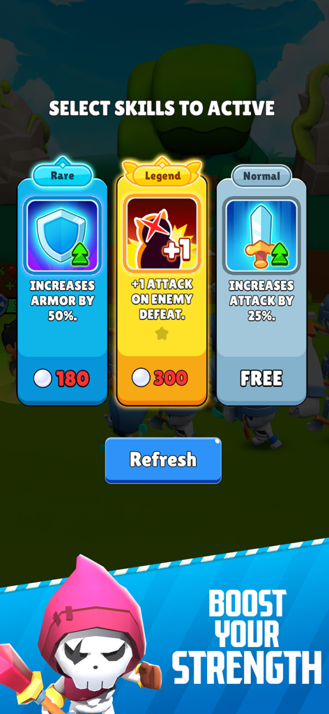 Cannon Heroes X - A skill selection screen in Cannon Heroes X showing three power up cards to boost character strength and armor