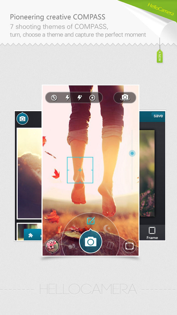 User interface of the Camera360 HelloCamera app featuring various shooting themes and a compass dial.