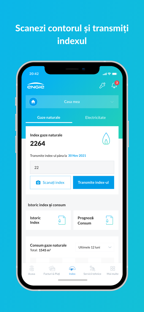 MyENGIE - MyENGIE mobile app interface showing the natural gas meter index scanning and transmission feature