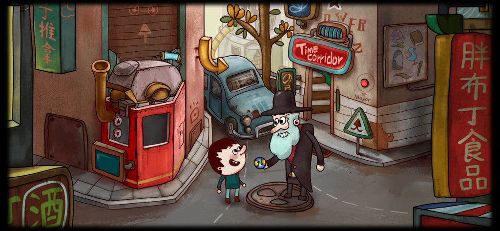 One Way: The Elevator - A hand drawn street scene featuring a boy and a man holding a blue orb in the game One Way The Elevator