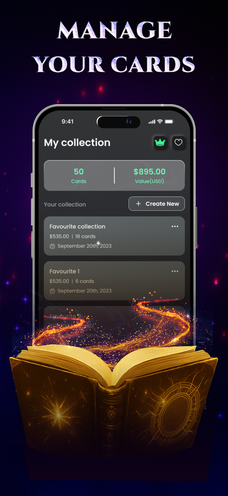 TCGScan - Poke Card Scanner - A mobile app screen showing a Poke card collection with total card count and estimated market value in US dollars.