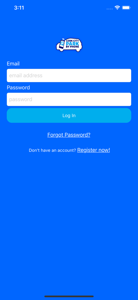 Cork Park by Phone - Cork Park by Phone login screen showing email and password input fields