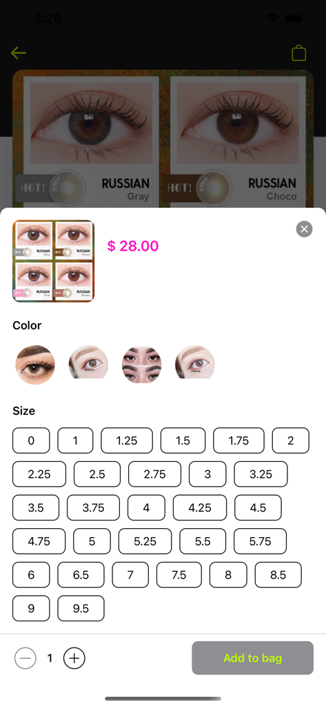Costmebeauty - Costmebeauty app screen for selecting colored contact lenses with price color and size options