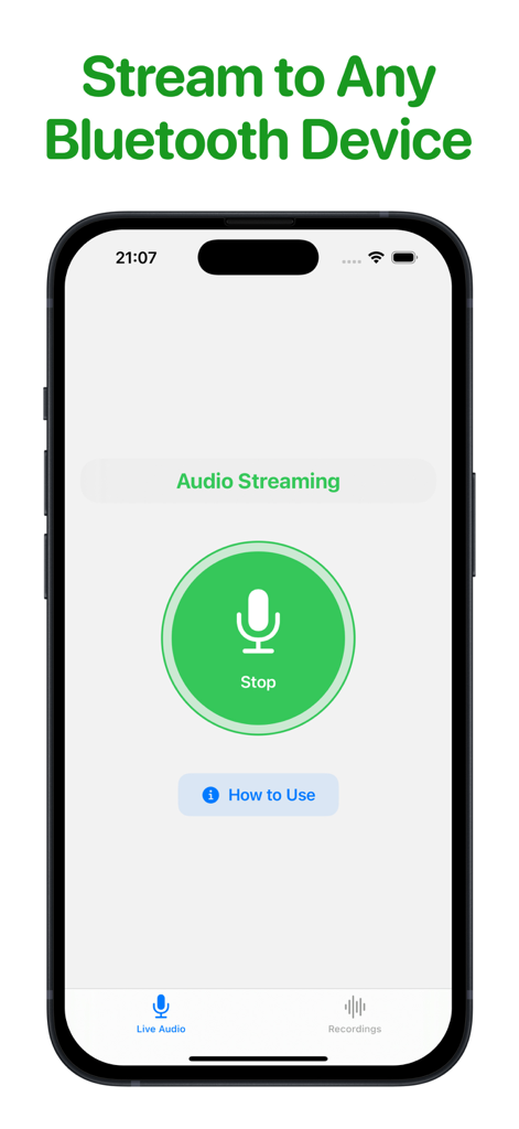 Mic to Speaker - Microphone - IPhone screen showing the Mic to Speaker app interface for streaming live audio to Bluetooth devices.