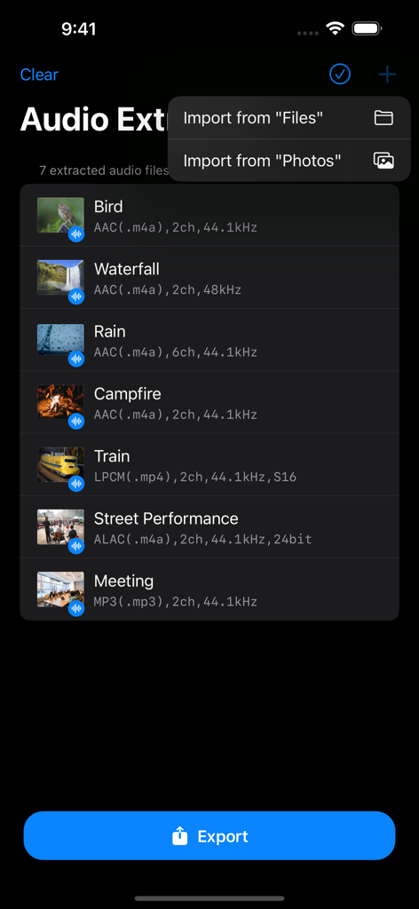 Interfaz de la aplicación Extractor de Audio sin Pérdidas que muestra una lista de archivos de audio extraídos y el menú de importación