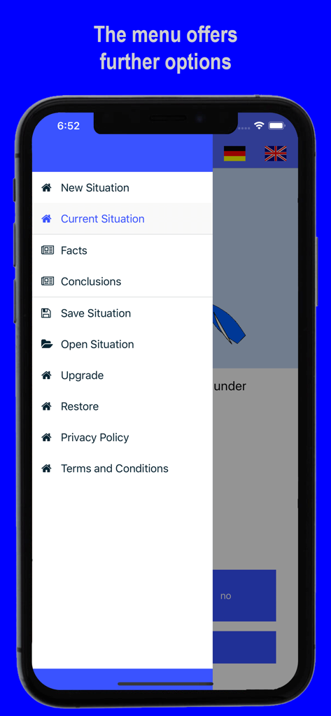 Navigation menu of the Protest sailing rules app showing options for situations, facts, and conclusions.