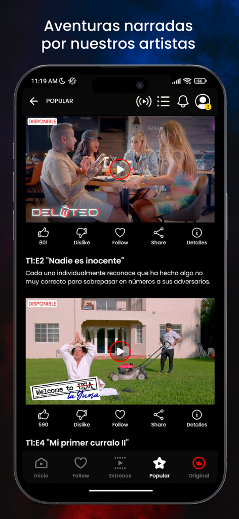 PRONYR TV - Interface do aplicativo PRONYR TV exibindo episódios e séries de vídeo populares narrados por artistas.