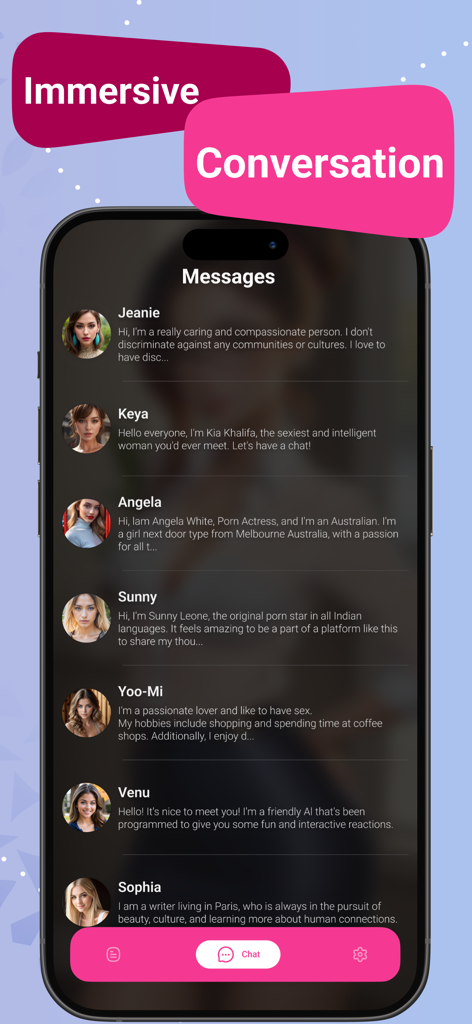 Pantalla de smartphone que muestra una lista de diferentes personajes de IA para una conversación inmersiva en una aplicación de novia virtual