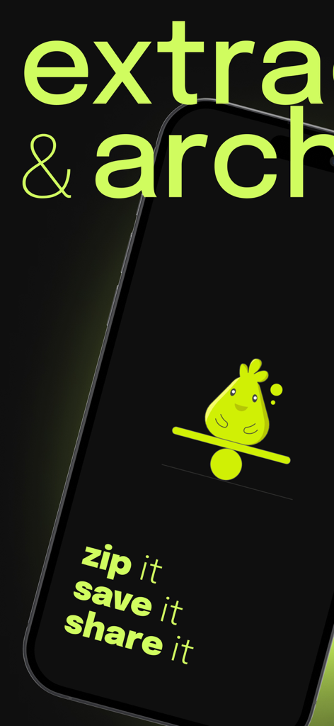 ZIP Extractor - UnZIP, UnRar - Tela do aplicativo Extrator de ZIP com texto verde elegante para compactar, salvar e compartilhar arquivos