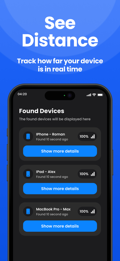 Device Finder: Easy Find - Smartphone display showing the found devices list with signal strength in the Device Finder app