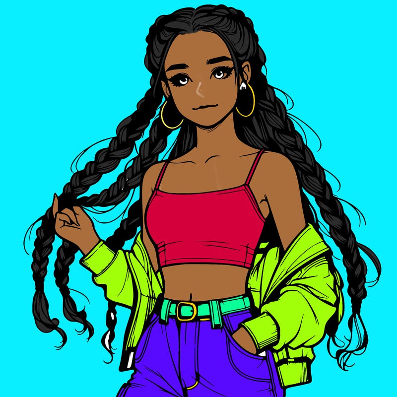 realistic teenage girl in braids with a crop top and cargo jeans