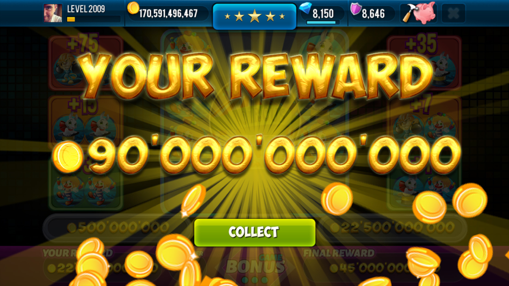 Huge jackpot reward screen showing 90 billion coins in Miracle Circus Slots mobile game