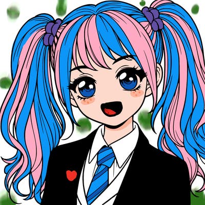 realistic girl with two ponytails and a suit on