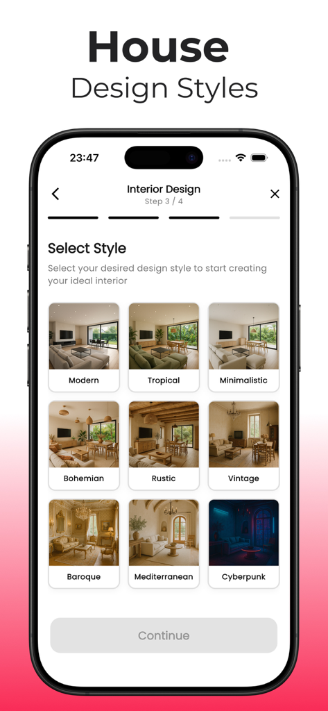 Una pantalla de aplicación móvil que muestra una cuadrícula de estilos de diseño de interiores que incluyen Moderno, Bohemio y Mediterráneo para la selección.